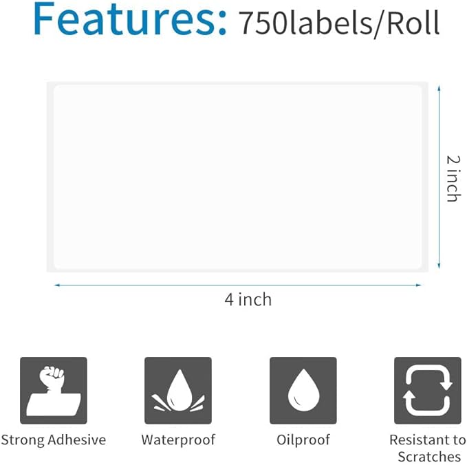 100mm X 50mm (4" X 2") Direct Thermal Permanent Label, Barcode Labels-Shipping Labels-Waterproof and Oil-Proof Scratchproof-750 Labels Per Roll 25mm Core-Perforated