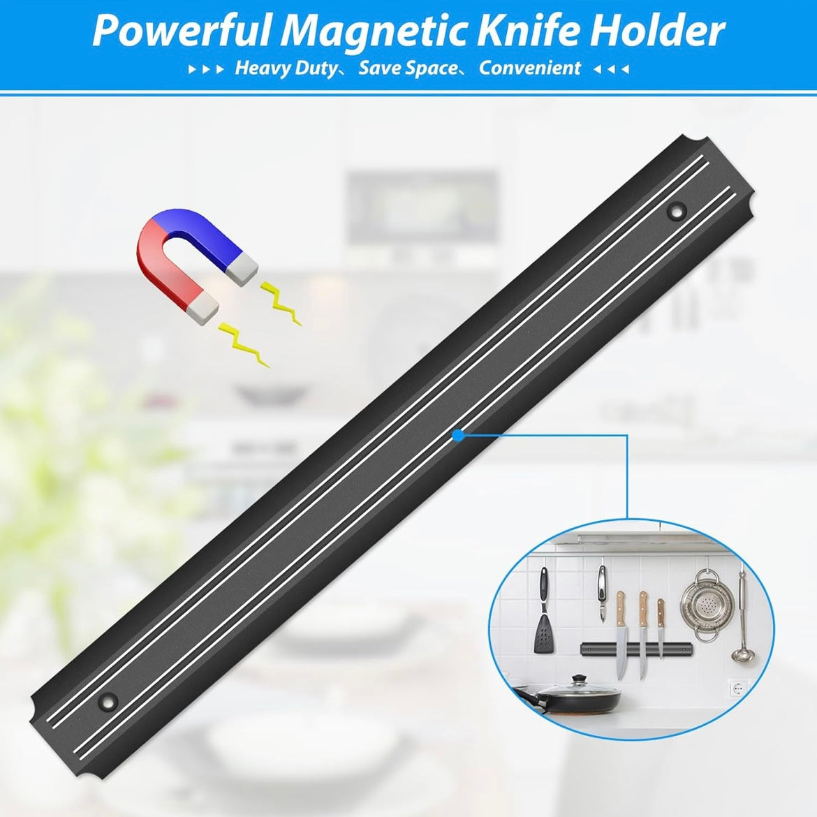 38 CM Magnetic Knife Holder Black Magnetic Knife Strip