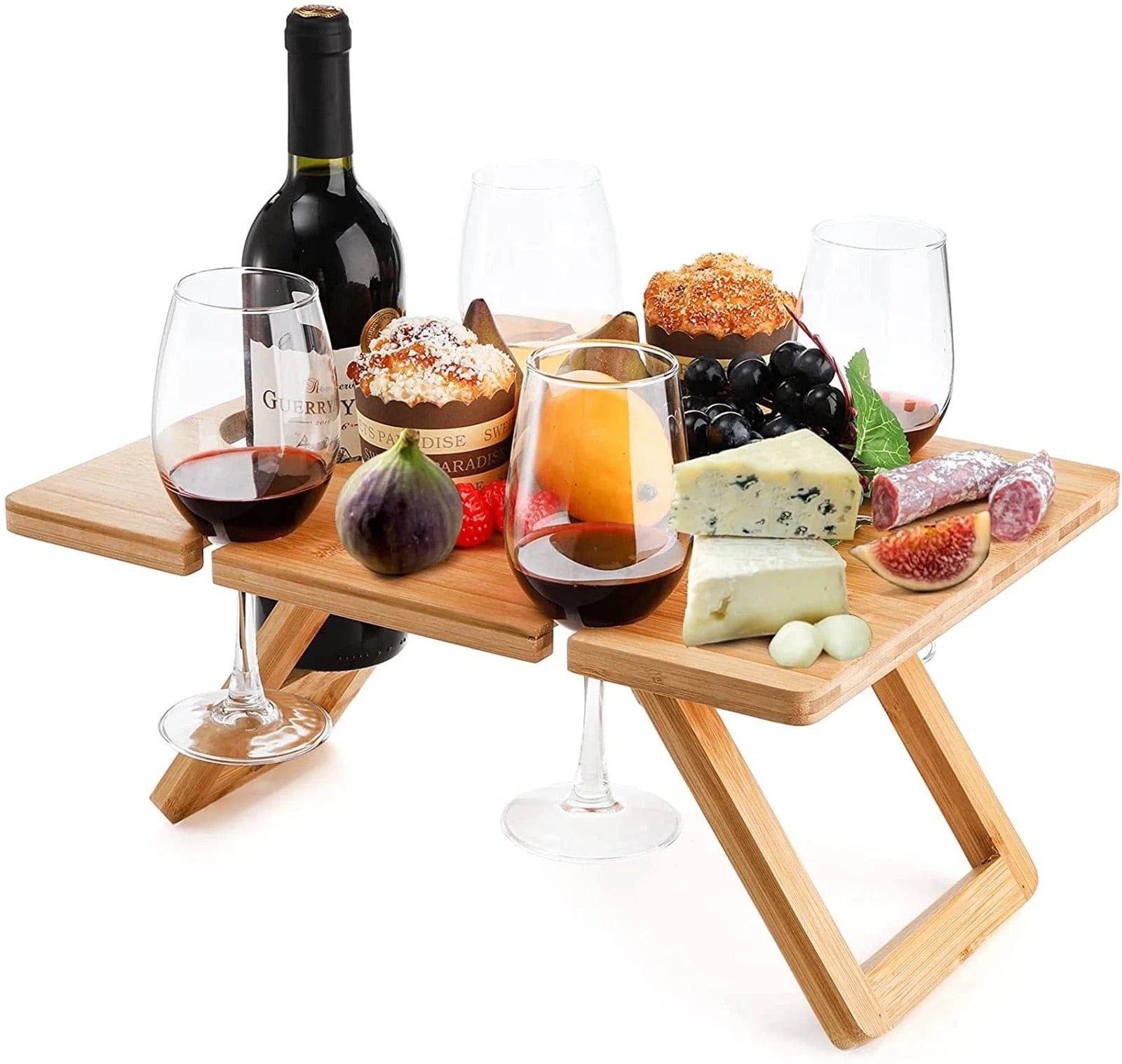 Bamboo Foldable Picnic Table Tray with Wine and Glass Holders