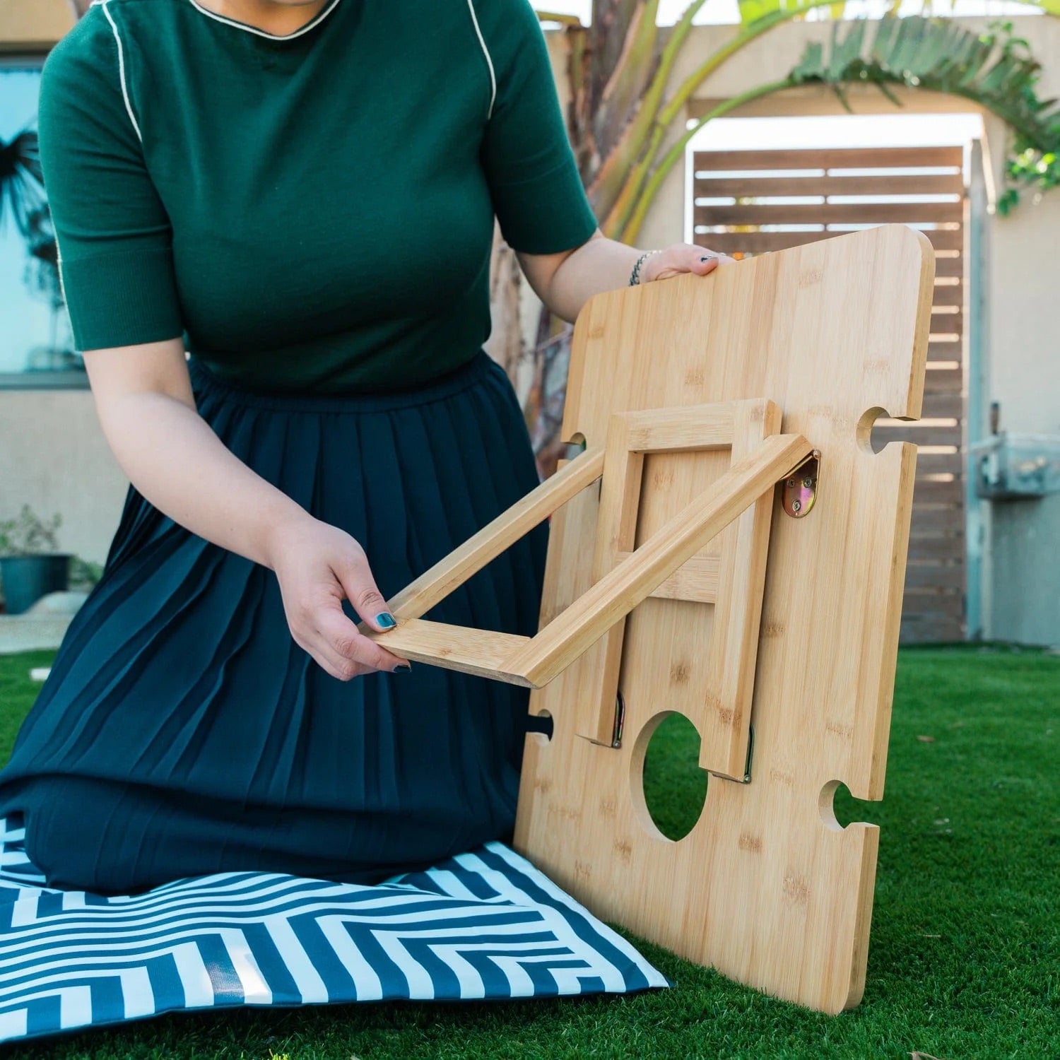 Bamboo Foldable Picnic Table Tray with Wine and Glass Holders