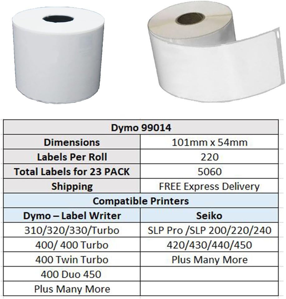 4 ROLLS Compatible Dymo 99014 54mm X 101mm 220 Labels/Roll Shipping/Name Badge White Labels