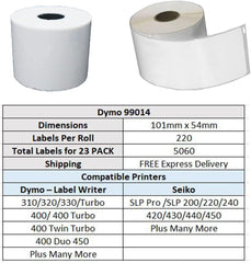 24 ROLLS Compatible Dymo 99014 54mm X 101mm 220 Labels/Roll Shipping/Name Badge White Labels