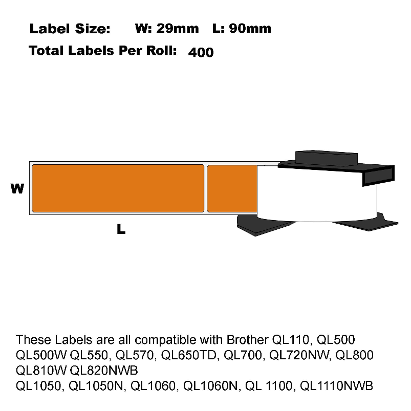 1 x DK-11201 Standard Address Labels Compatible with Brother, 29 mm x 90 mm, 400 Coloured Labels ORANGE for Brother QL Label Printers