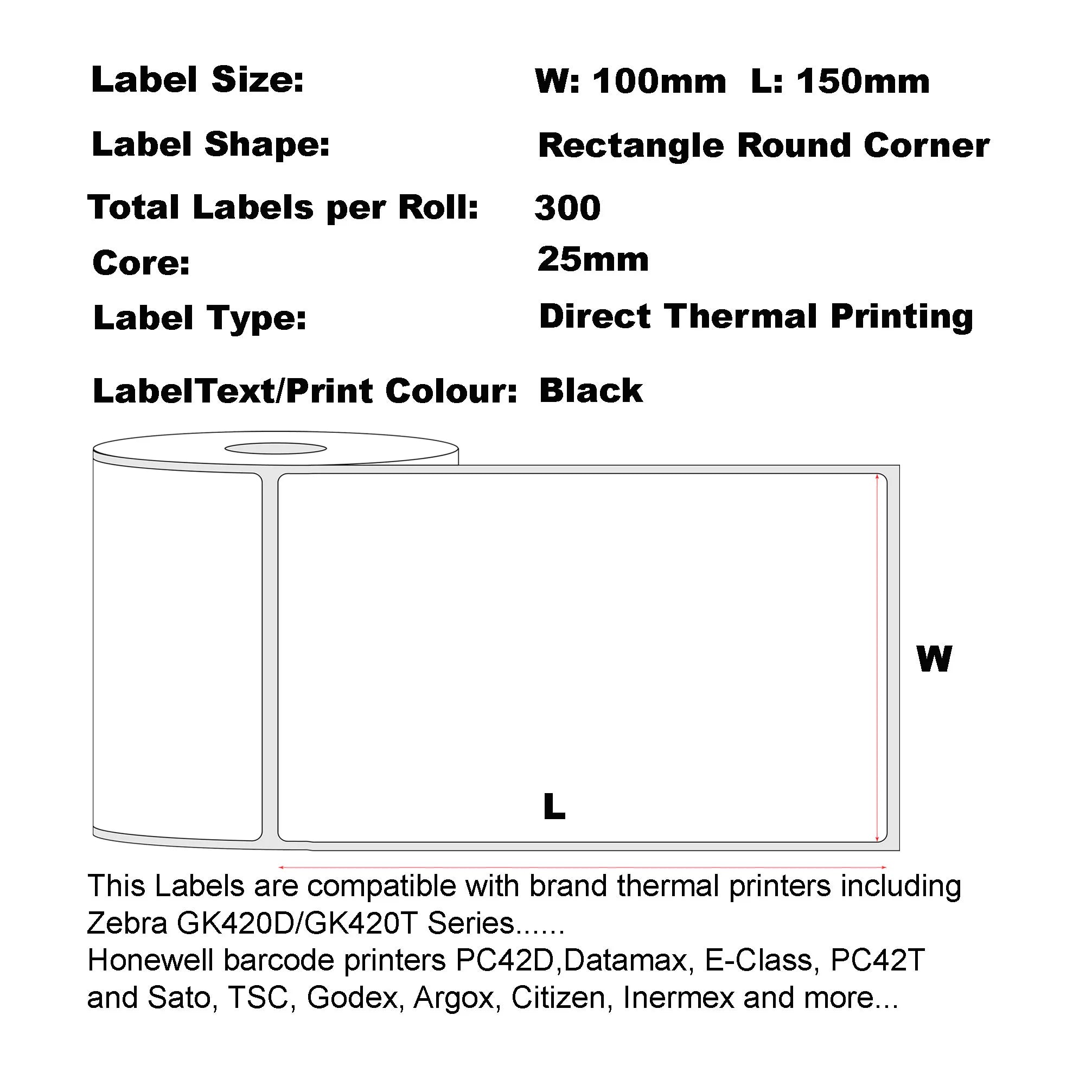 1 roll 100mm X 150mm Labels Perforated Thermal Label 100mm X 150mm White 300 Labels Per Roll/ 25mm Core