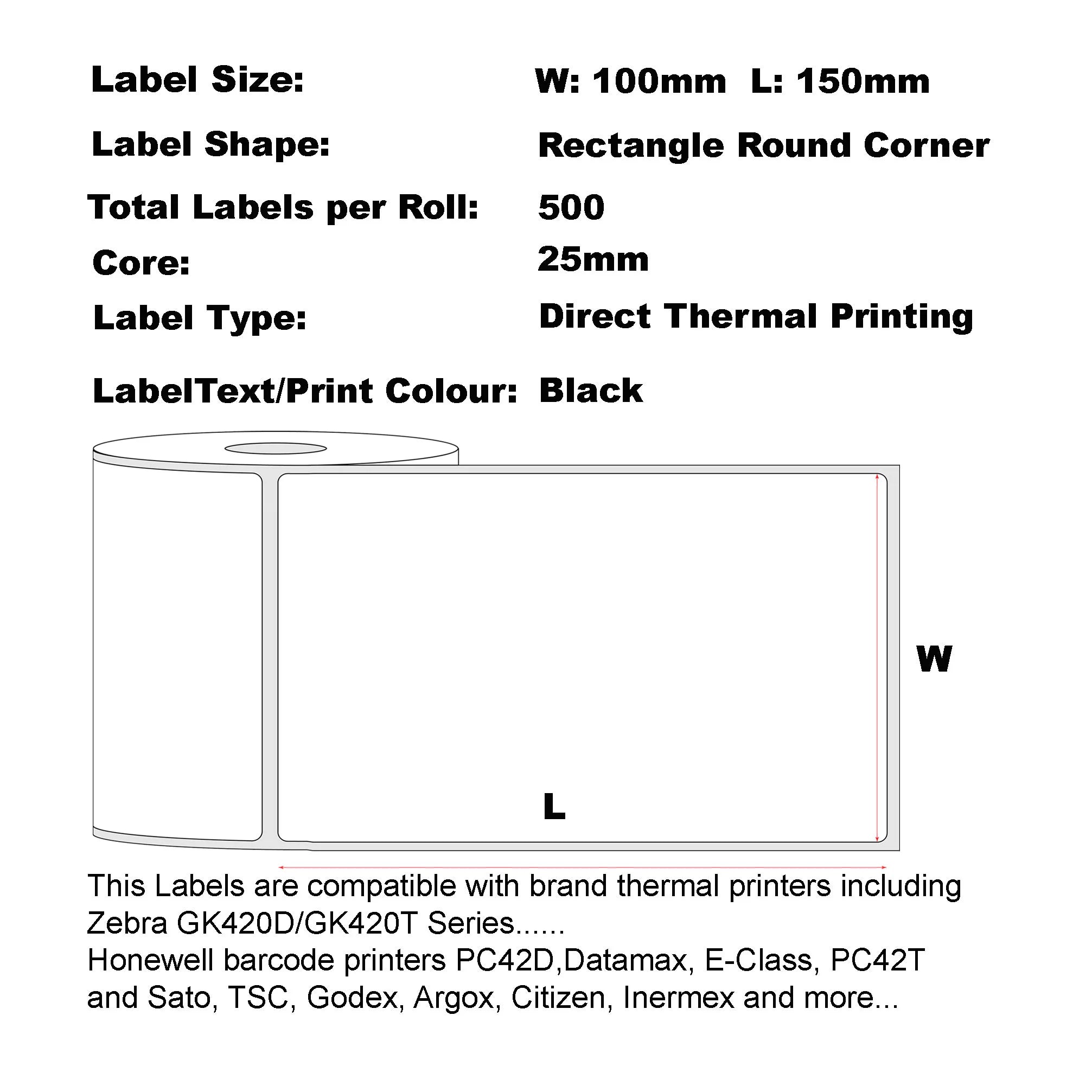 1 roll 100mm X 150mm Labels Perforated Thermal Label 100mm X 150mm White - 500 Labels Per Roll- 25mm Core