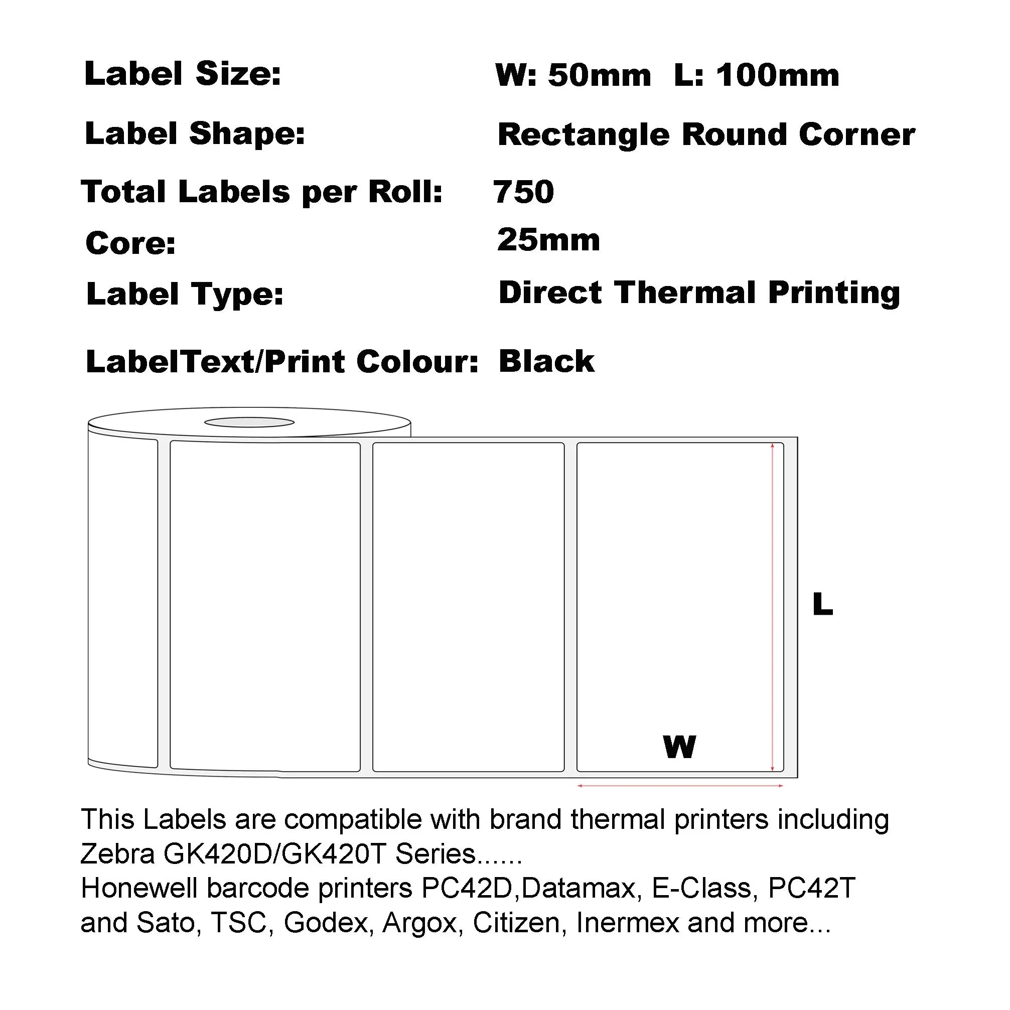 4 rolls 100mm X 50mm (4" X 2") Direct Thermal Permanent Label, Barcode Labels, Shipping Labels, Waterproof and Oil-Proof Scratchproof, 750 Labels Per Roll 25mm Core, Perforated