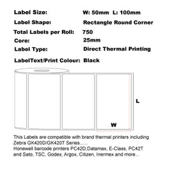 4 rolls 100mm X 50mm (4" X 2") Direct Thermal Permanent Label, Barcode Labels, Shipping Labels, Waterproof and Oil-Proof Scratchproof, 750 Labels Per Roll 25mm Core, Perforated