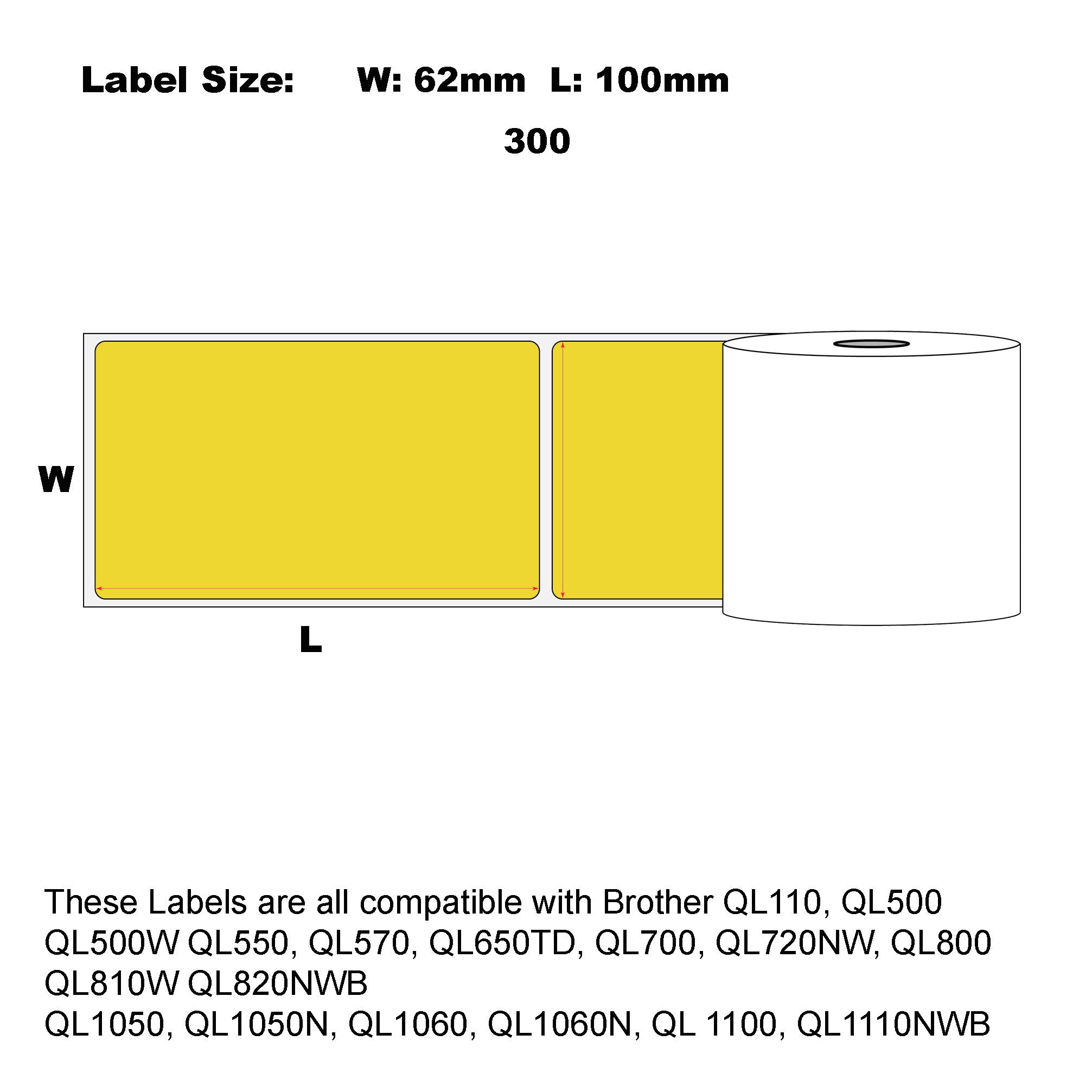 12x Compatible Brother DK-11202 Yellow Refill Labels 62mm x 100mm 300 Labels Per Roll