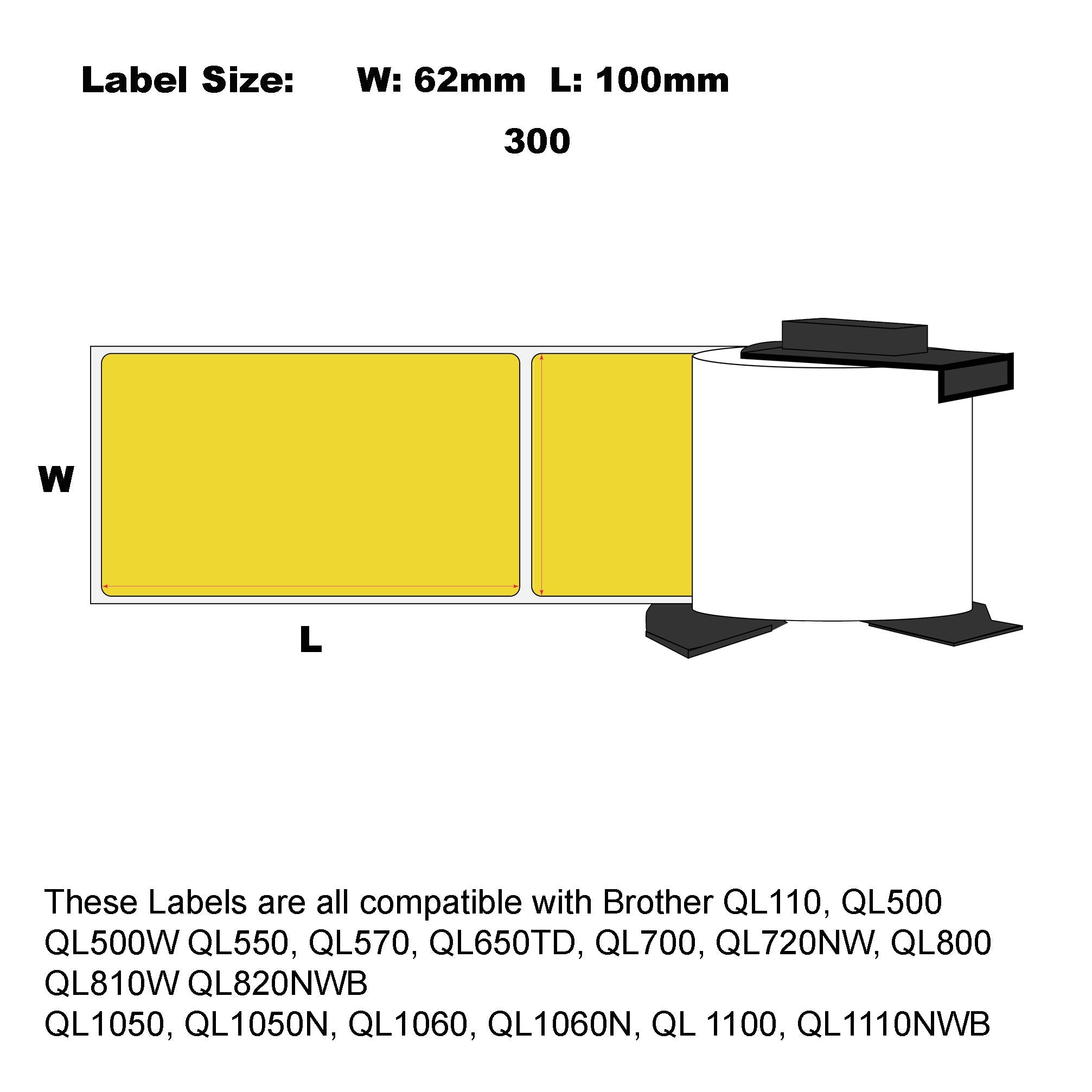 Compatible Brother DK-11202 Yellow Labels 62mm x100mm 300 Label Per Roll