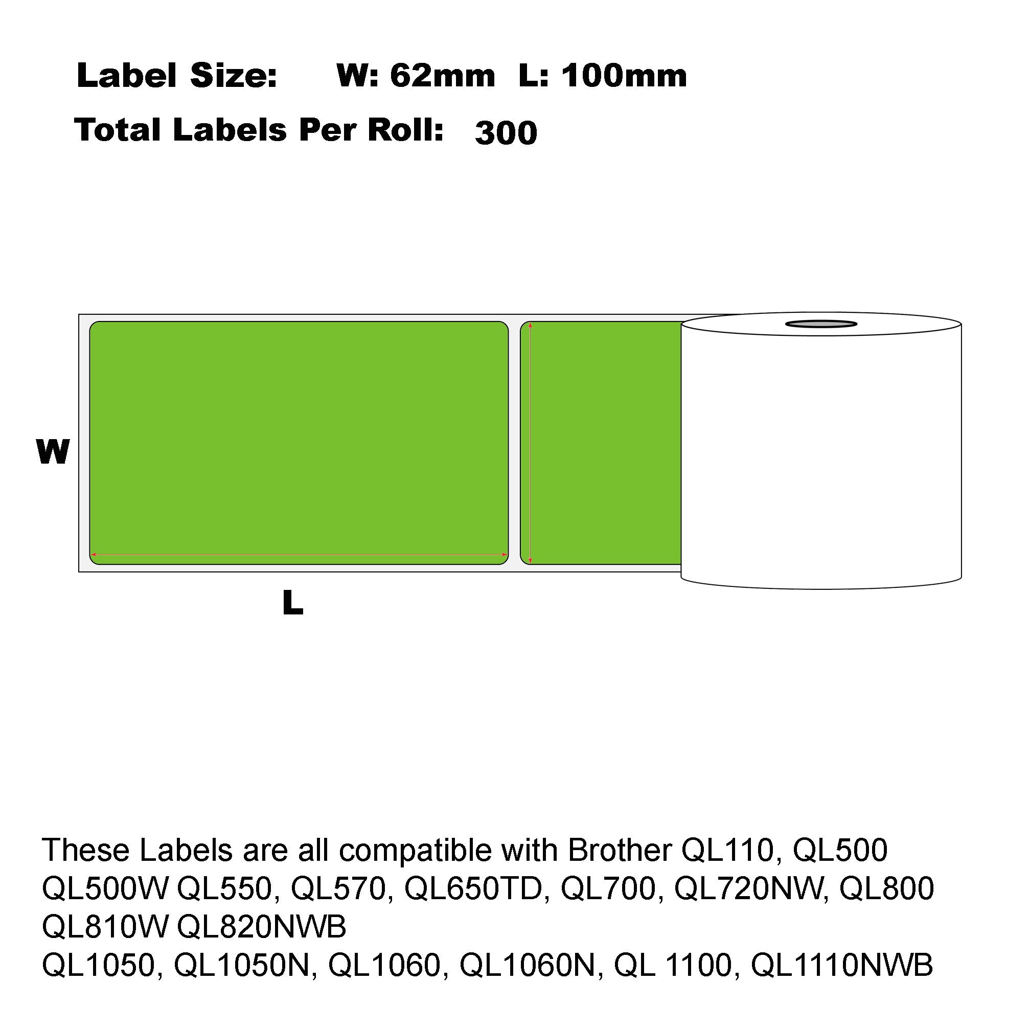 Compatible Brother DK-11202 Green Refill Labels 62mm X 100mm 300 Labels Per Roll