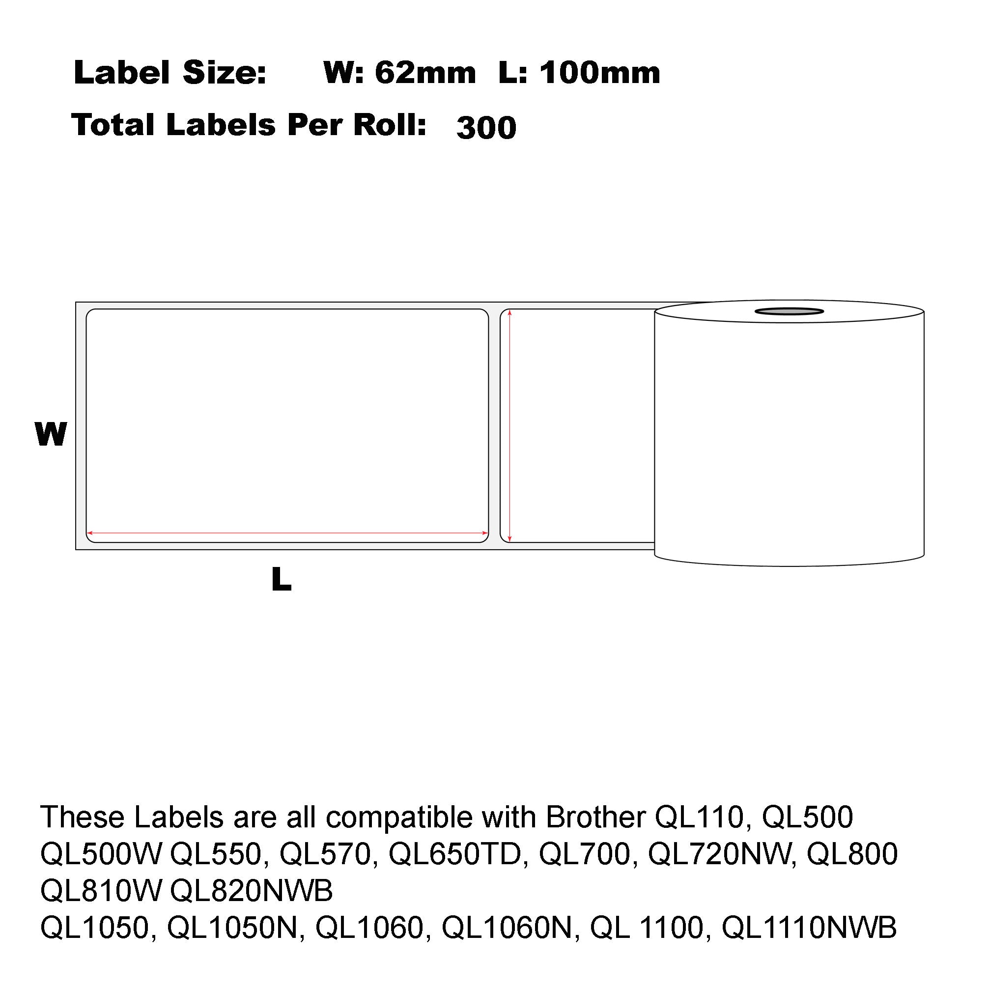 100x Compatible Brother DK-11202 Shipping Refill labels 62mm x 100mm 300 Labels/Roll