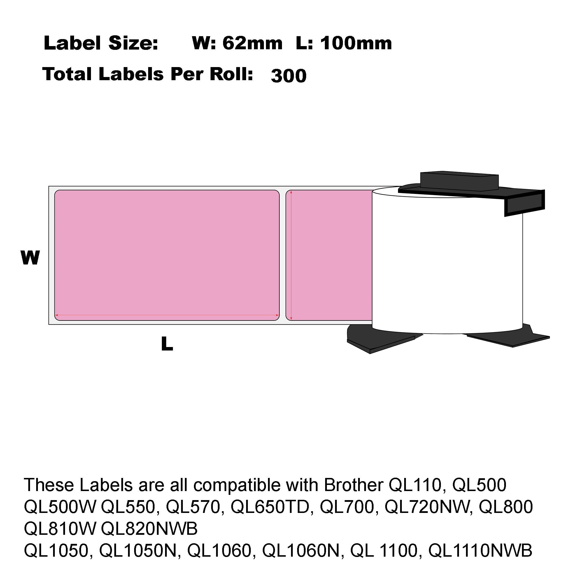 Compatible Brother DK-11202 Pink Labels 62mm X 100mm 300 Labels Per Roll