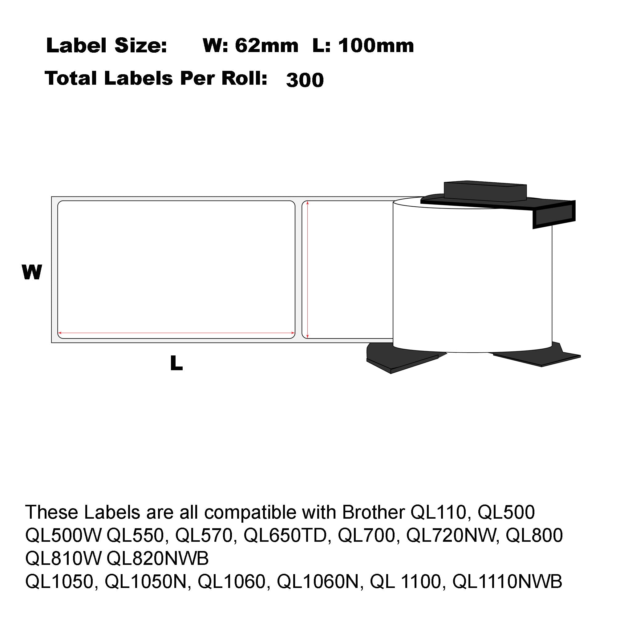 100x Compatible Shipping White labels for Brother DK-11202 62mm x 100mm 300L