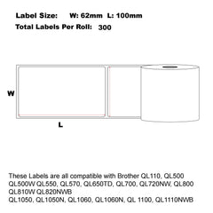 Compatible Brother DK-11202 White refill Paper Labels 62mm x 100mm 300 Labels Per Roll