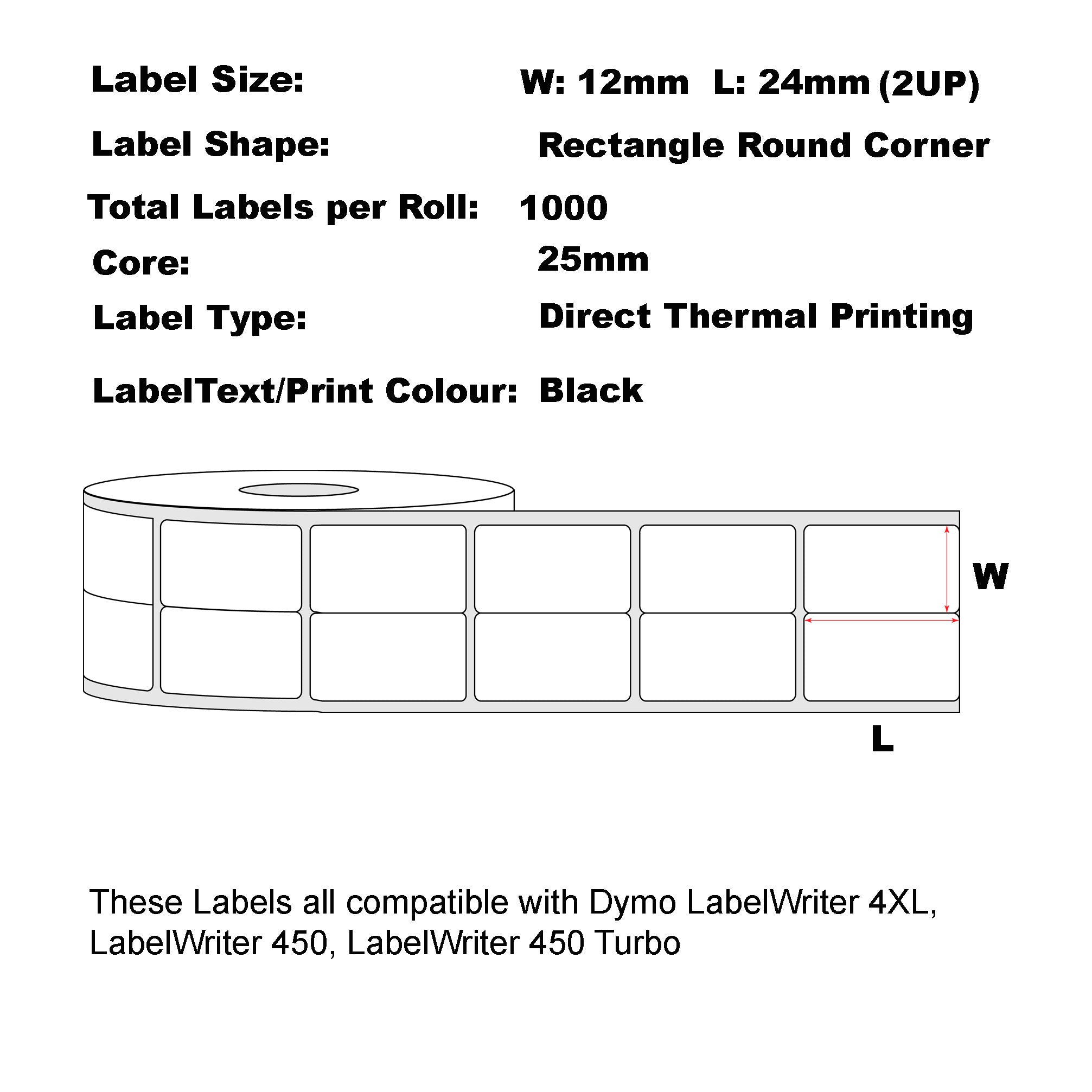 Packmore Compatible Dymo 11353 12mm x 24mm (2UP) 1000 Labels/Roll Multipurpose White Labels