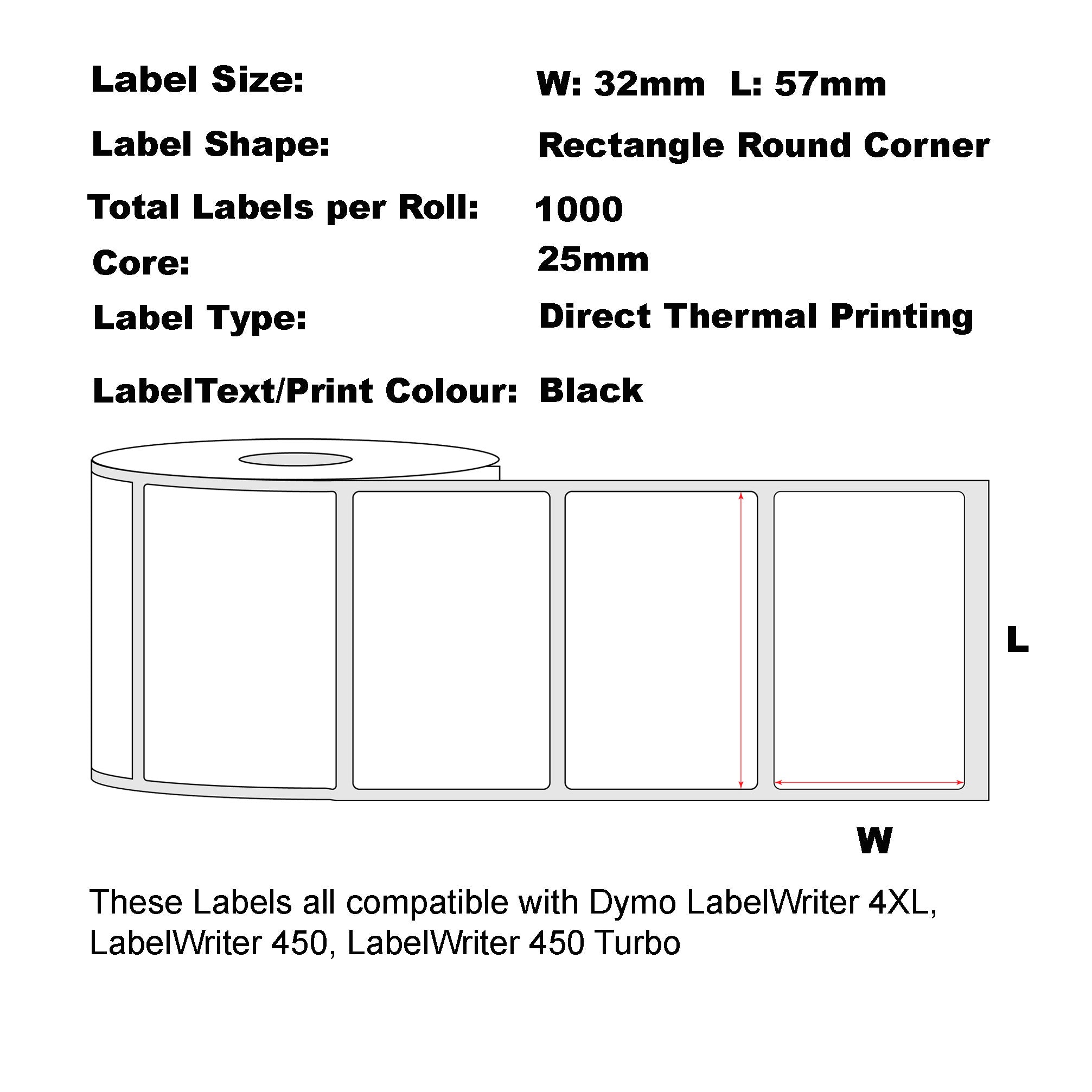 100x Compatible Dymo 11354 57mm x 32mm 1000 Labels/Roll Multipurpose White Labels