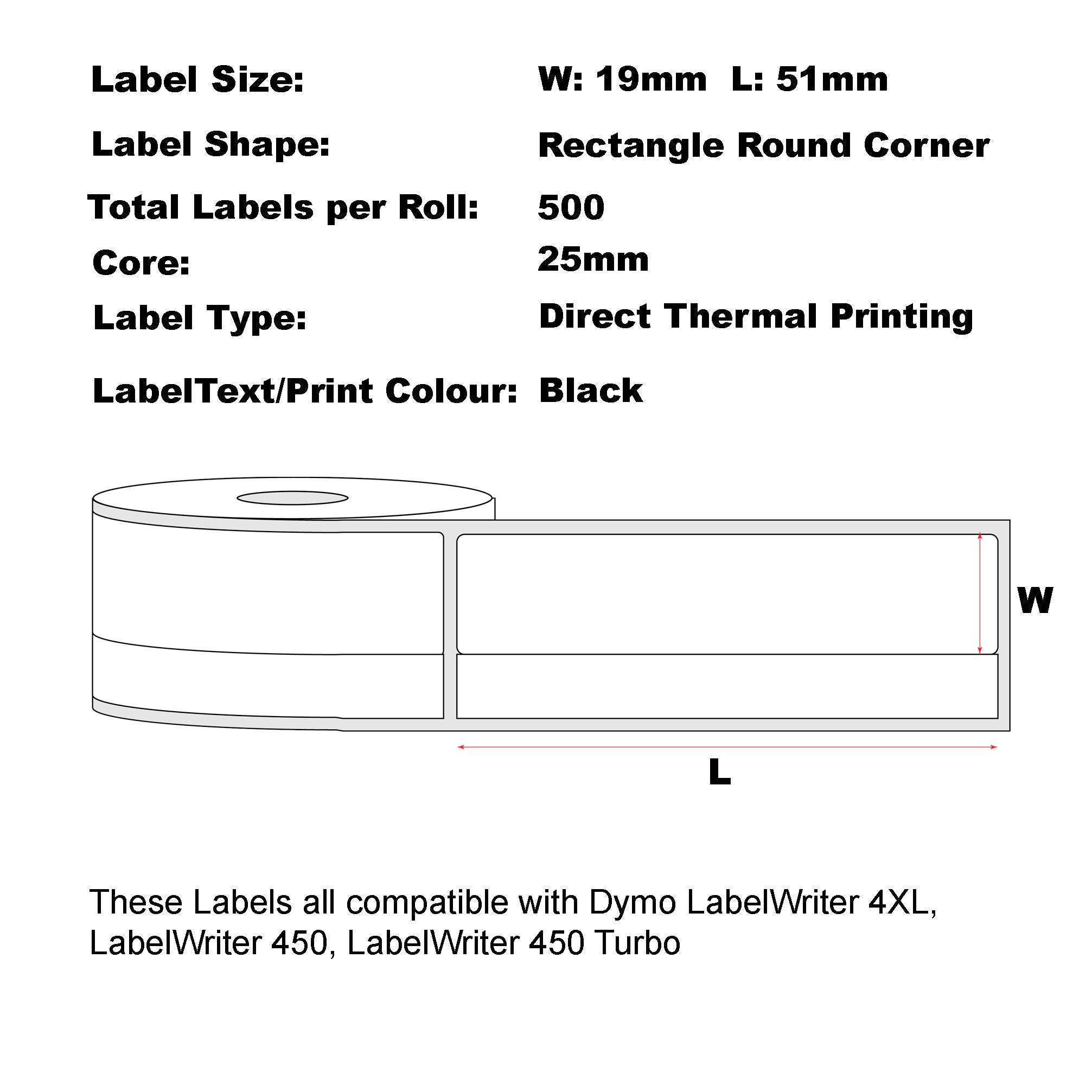 Packmore Compatible Dymo 11355 19mm x 51mm 500 Labels/Roll Multipurpose White Labels