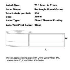 48 Rolls Packmore Compatible Multipurpose White Labels for Dymo #11355 19mm x 51mm 500L