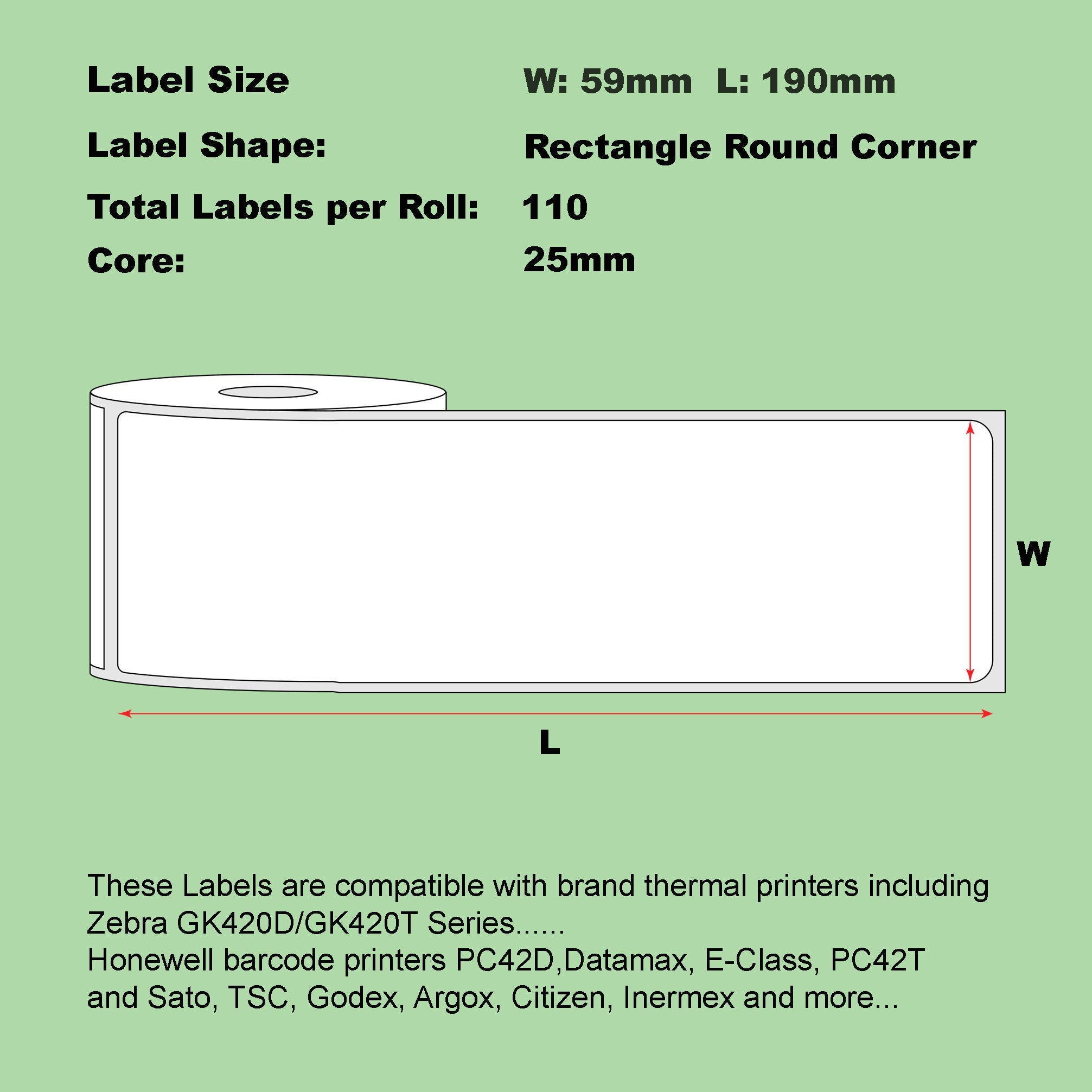 59mm x 190mm Direct Thermal Permanent Label, 110 Labels Per Roll, 25mm Core, Perforated