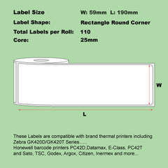 59mm x 190mm Direct Thermal Permanent Label, 110 Labels Per Roll, 25mm Core, Perforated