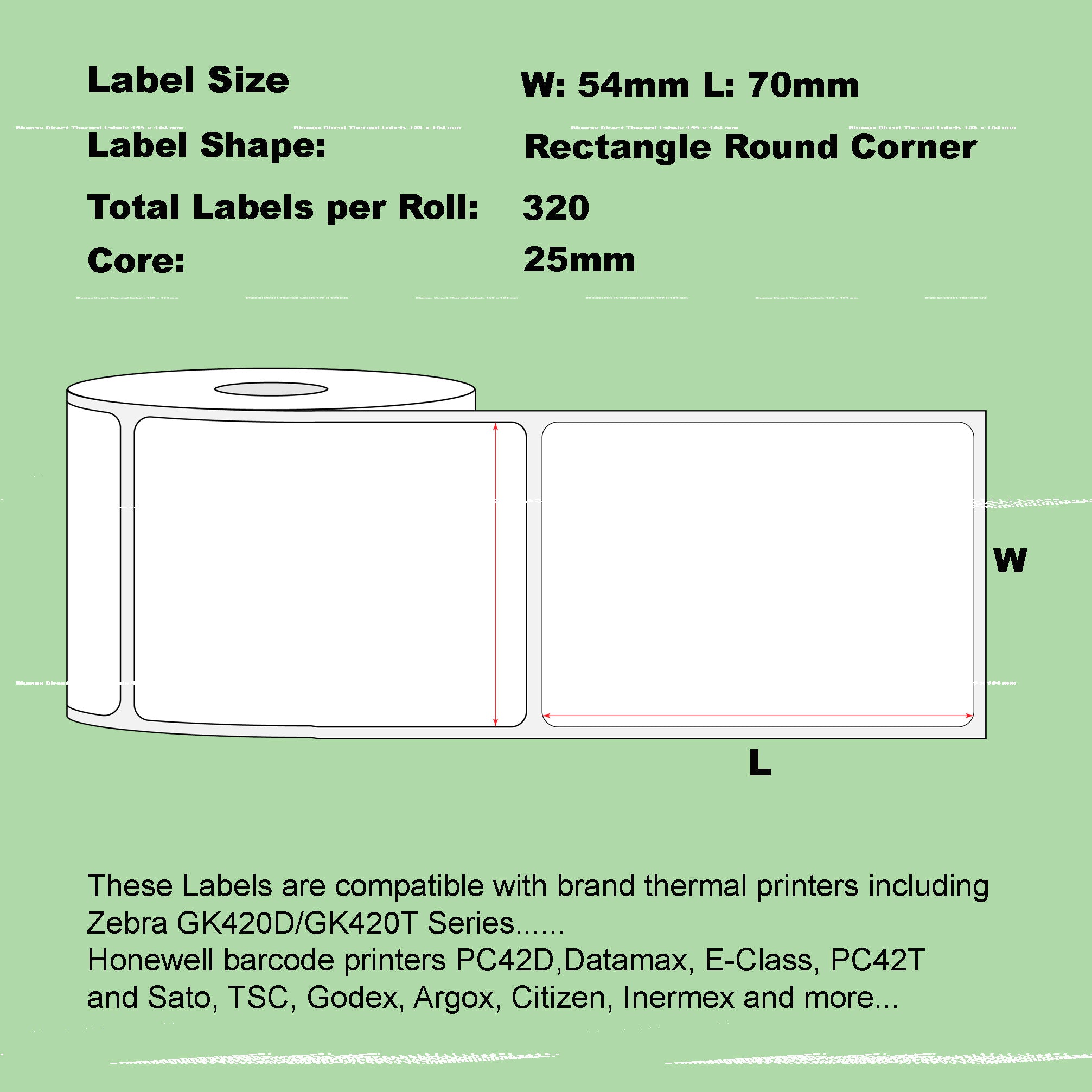 54mm x 70mm Direct Thermal Permanent Label,320 Labels Per Roll, 25mm Core, Perforated