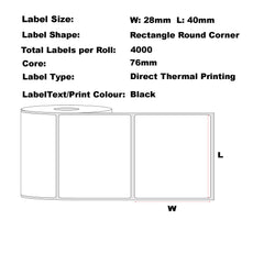 40mm x 28mm Direct Thermal  Permanent Label, 4000 Labels Per Roll, 76mm Core, Perforated-24 Rolls