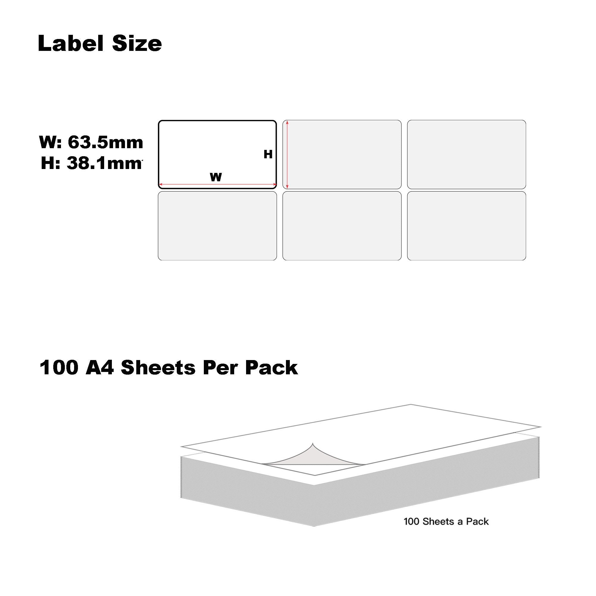 REMOVABLE A4 Format Rectangle White Labels 63.5x38.1mm 21 Labels - 100 Sheets