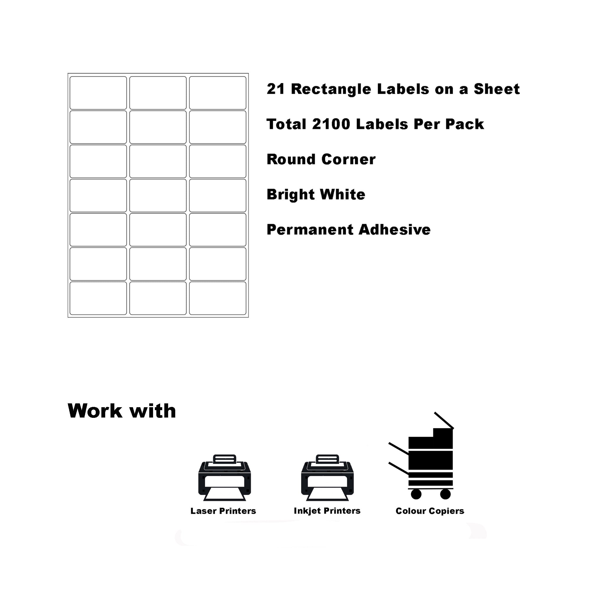 REMOVABLE A4 Format Rectangle White Labels 63.5x38.1mm 21 Labels - 100 Sheets