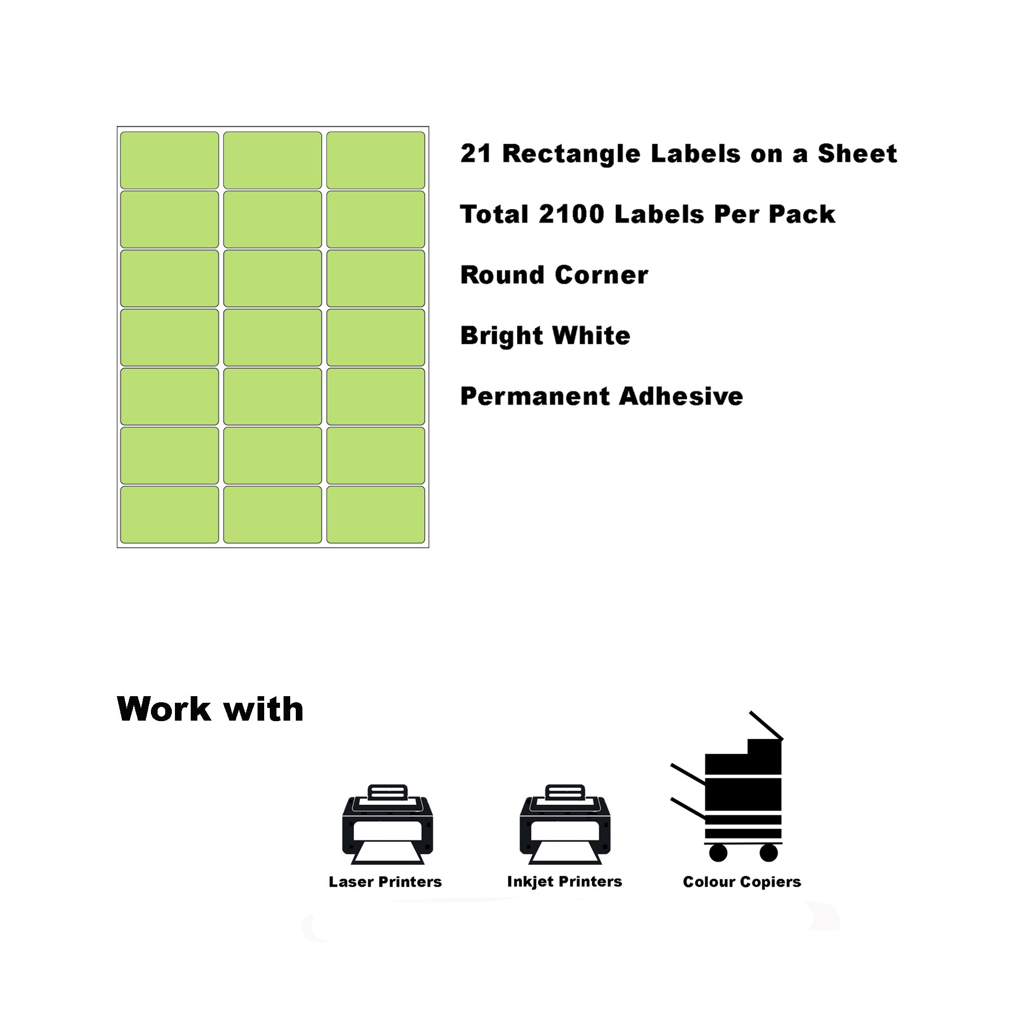 A4 Format Rectangle Light Green Labels 63.5x38.1mm 21 Labels Per Sheet--100 Sheets