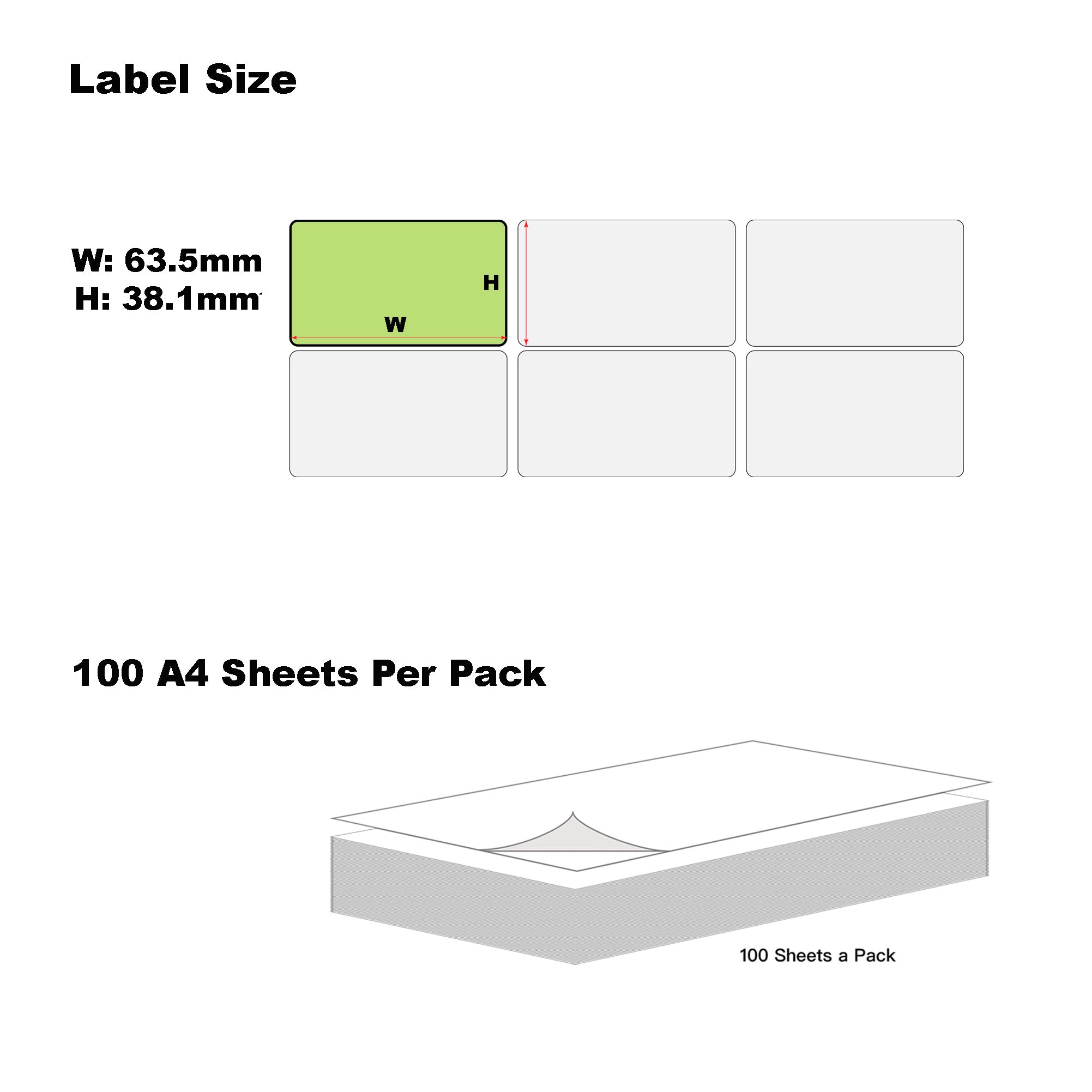 A4 Format Rectangle Light Green Labels 63.5x38.1mm 21 Labels Per Sheet--100 Sheets