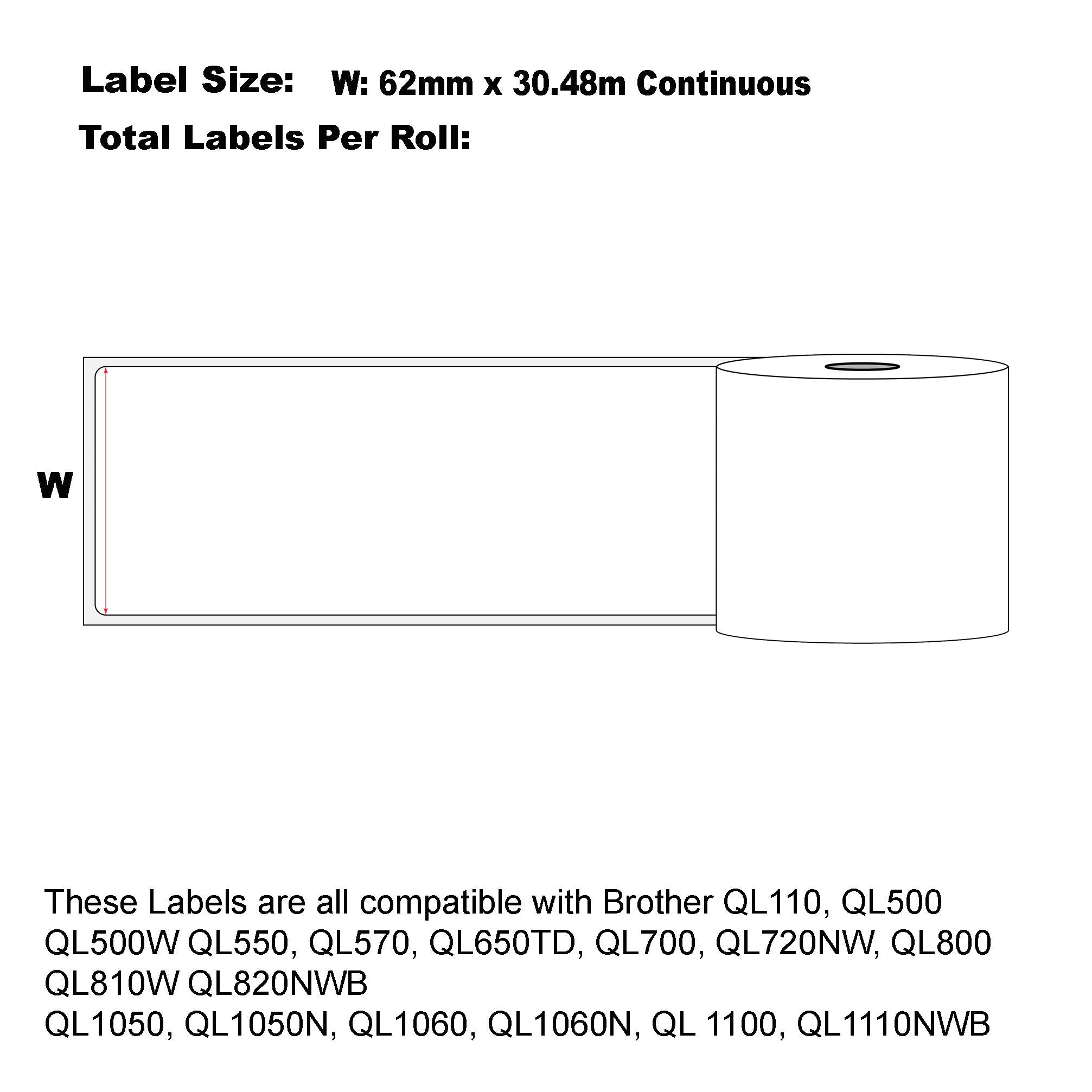 100x Compatible Brother DK-22205 Refill label 62mm x 30.48m Continuous Length