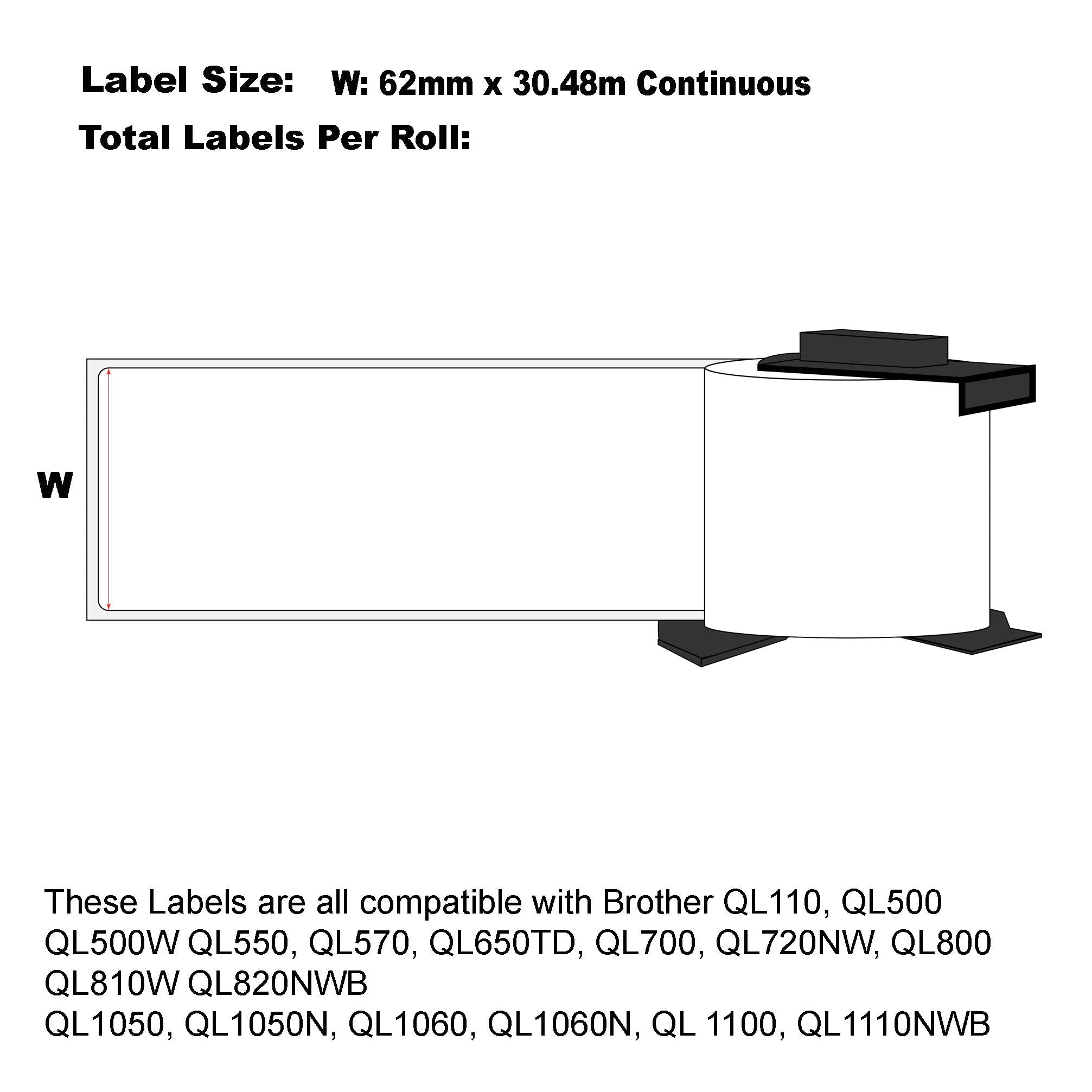 100x Compatible Brother DK-22205 label 62mm x 30.48m Continuous Length