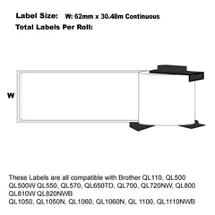 12xBrother Compatible DK-44205 White Removable Labels Continuous 62mm x 30.48m