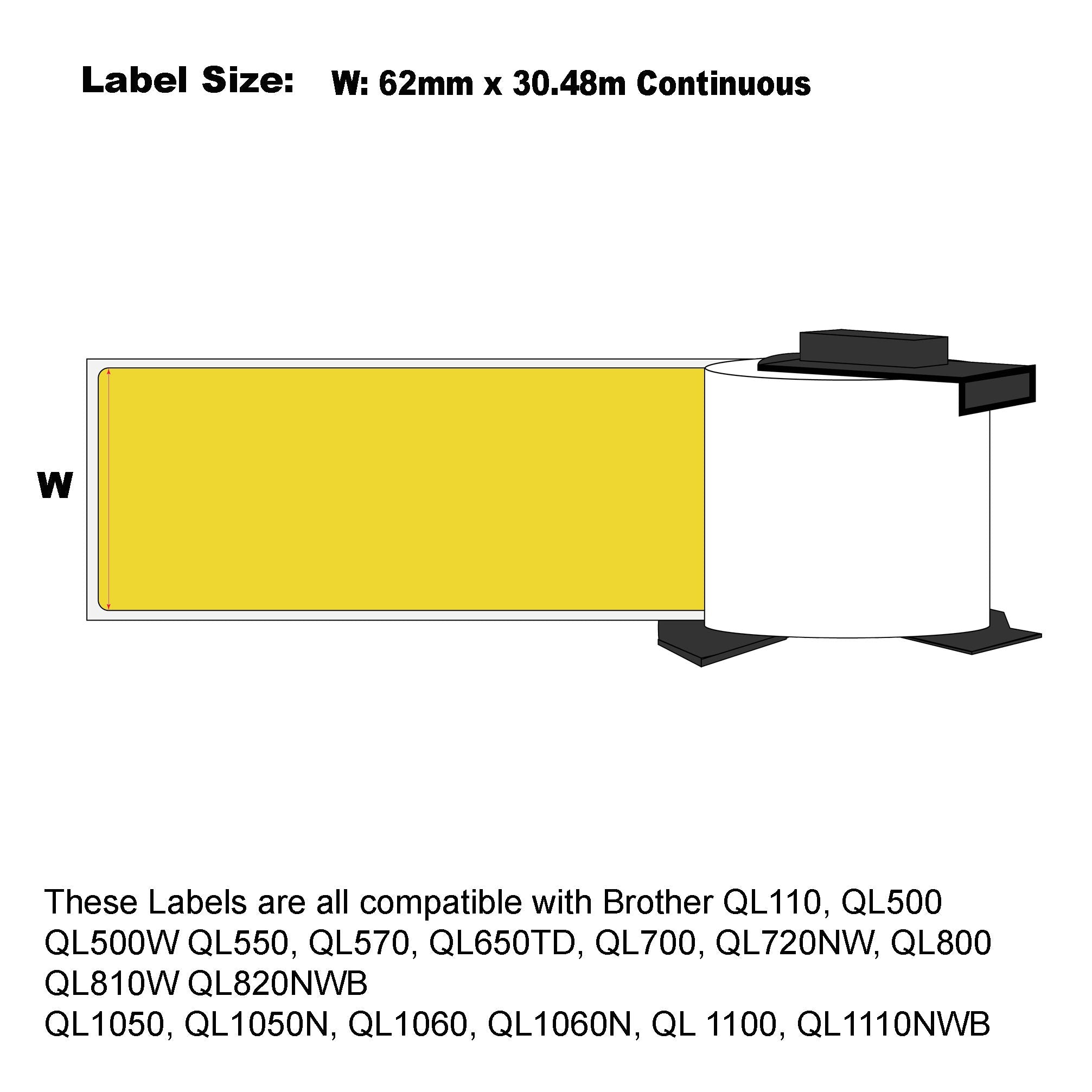 Compatible Brother DK-44605 Yellow Labels Continuous Length 62mm x 30.48mm