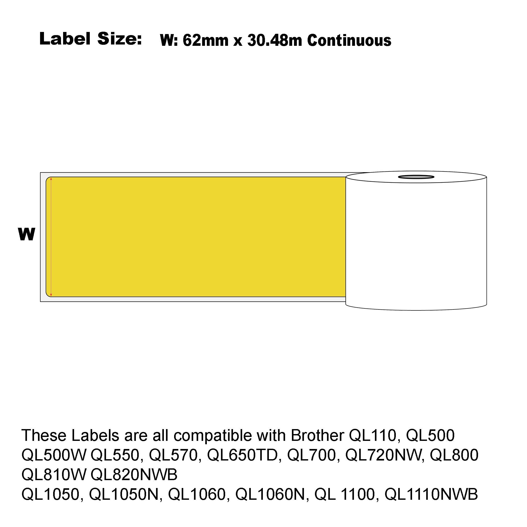 6x Compatible Brother DK-44605 Yellow Refill Labels Continuous Length 62mm x 30.48m