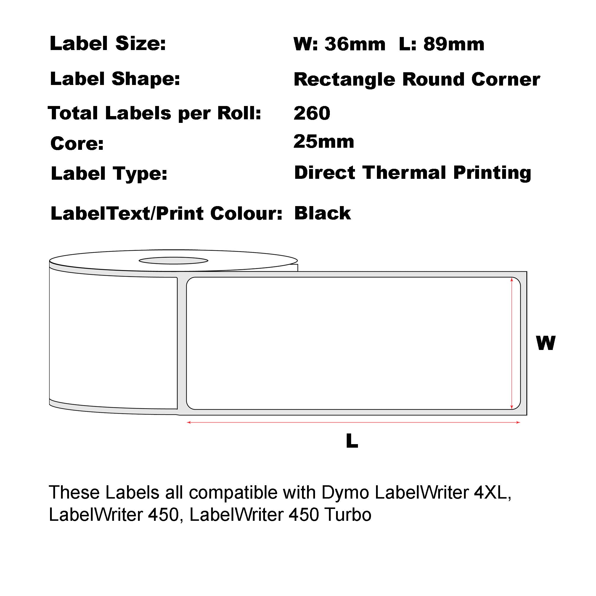 6x Compatible Dymo 99012 Large Address White Labels 36mm x 89mm 260 Labels/Roll