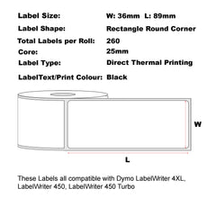 6x Compatible Dymo 99012 Large Address White Labels 36mm x 89mm 260 Labels/Roll