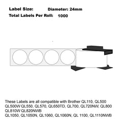 100x Compatible Brother DK-11218 Round Labels 24mm Diameter 1000 Labels/Roll