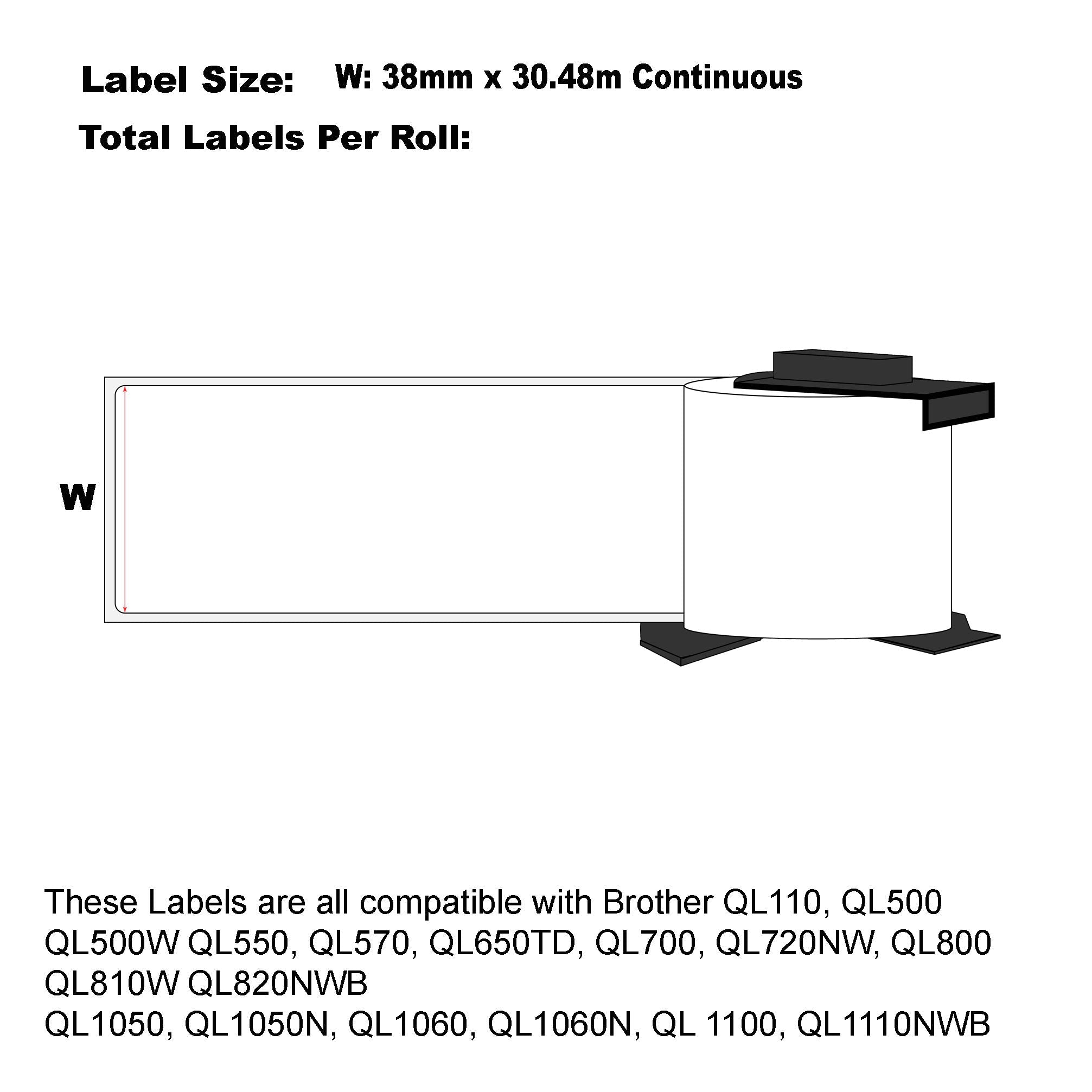 12x Compatib Brother DK-22225 labels 38mm x 30.48m Continuous Length