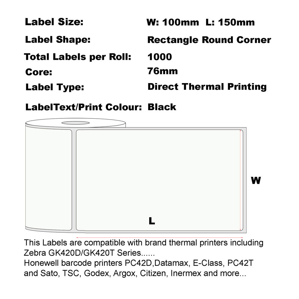 1 roll x 100mm x 150mm (4"x6") Labels Perforated Thermal Label 100mm X 150mm, 1000 Labels Per Roll, 76mm Core, Perforated.