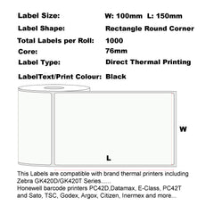 1 roll x 100mm x 150mm (4"x6") Labels Perforated Thermal Label 100mm X 150mm, 1000 Labels Per Roll, 76mm Core, Perforated.