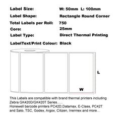 100mm x 50mm (4" x 2") Direct Thermal Permanent Label, 750 Labels Per Roll 25mm Core, Perforated-12 Rolls