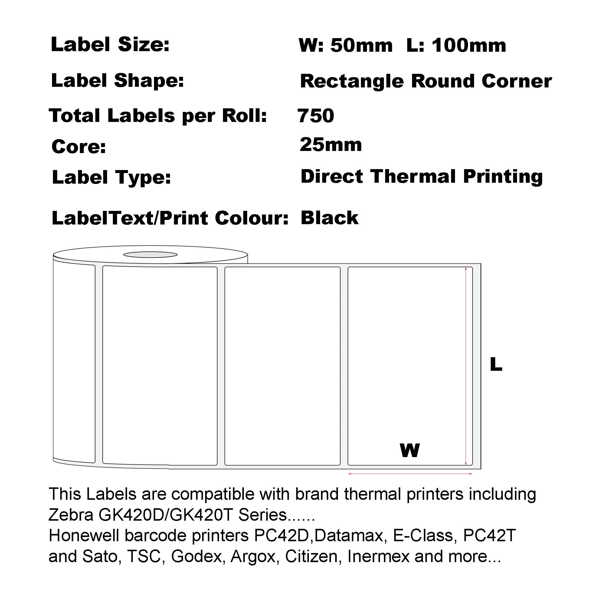 100mm x 50mm (4" x 2") Labels Perforated Thermal Label 100mm X 150mm, 750 Labels Per Roll 25mm Core, Perforated-100 Rolls