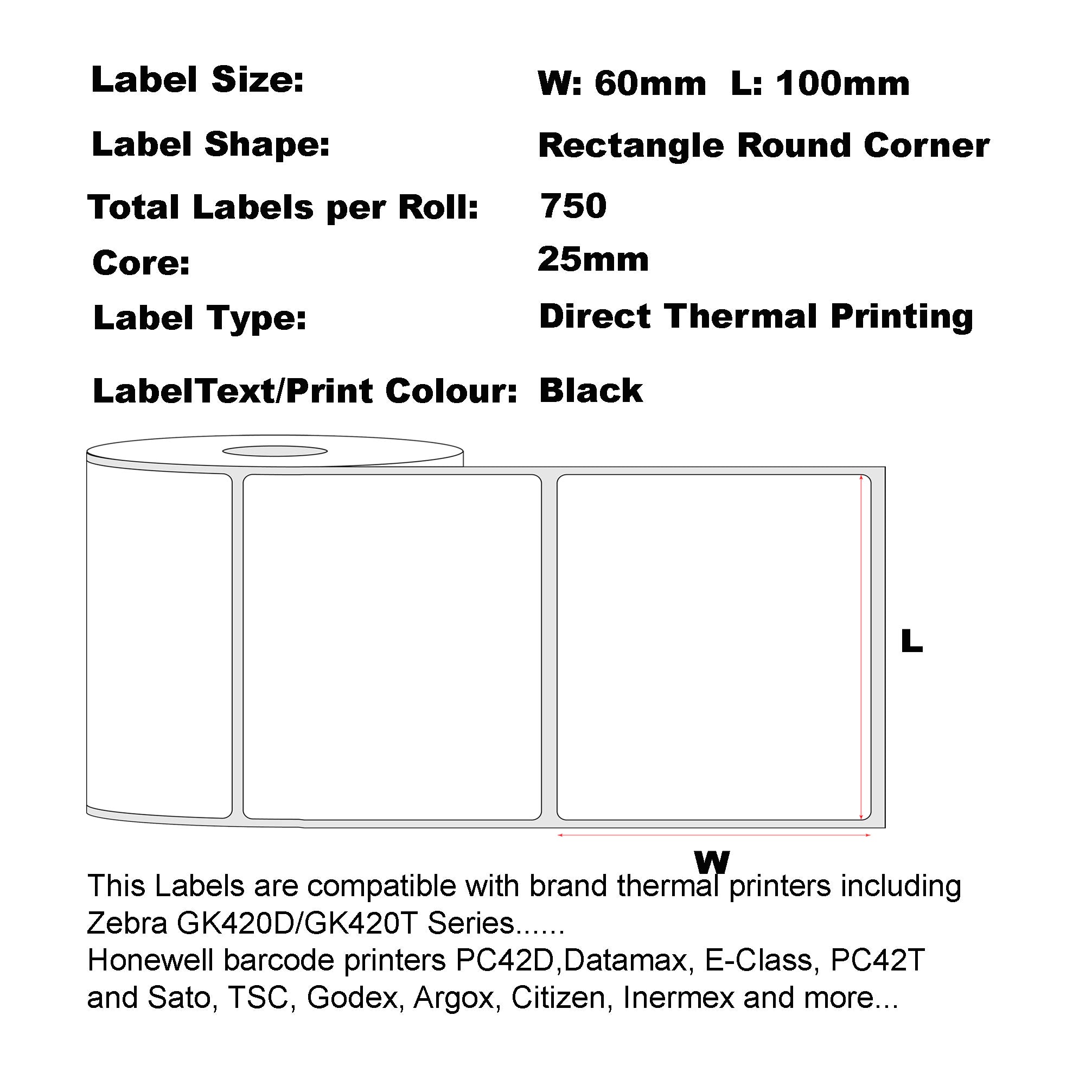 100mm x 60mm Direct Thermal Permanent Label, 750 Labels Per Roll, 25mm Core, Perforated-48 Rolls