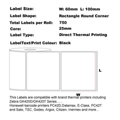 100mm x 60mm Direct Thermal Permanent Label, 750 Labels Per Roll, 25mm Core, Perforated-6 Rolls