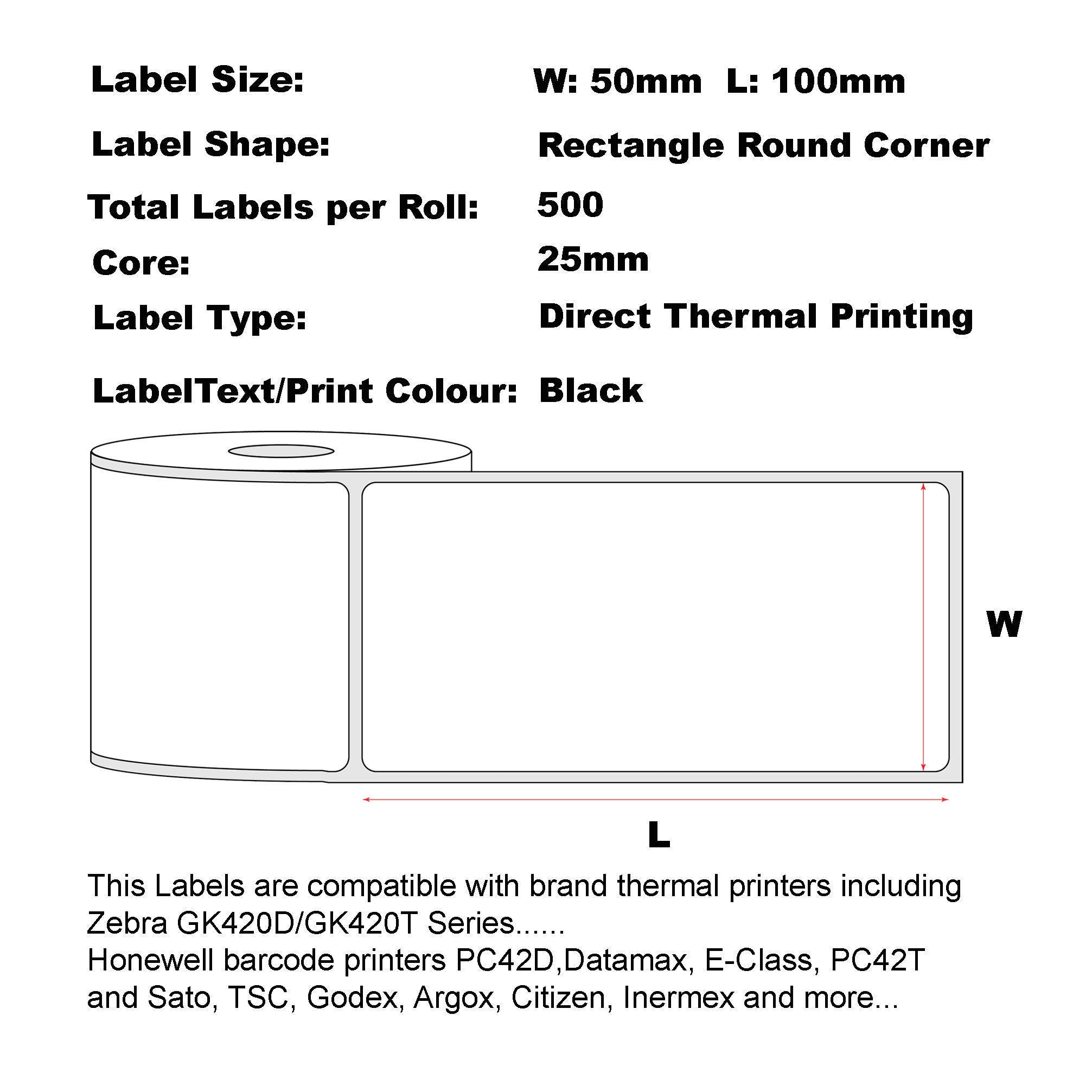 50mm x 100mm Direct Thermal Permanent Label, 500 Labels Per Roll, 25mm Core, Perforated-24 Rolls