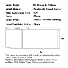 50mm x 100mm Direct Thermal Permanent Label, 500 Labels Per Roll, 25mm Core, Perforated-24 Rolls